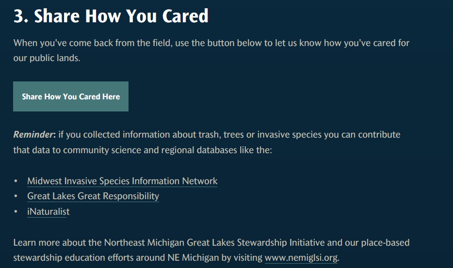 share how you cared; when you've come back from the field, use the button below to let us know how you've cared for our public lands